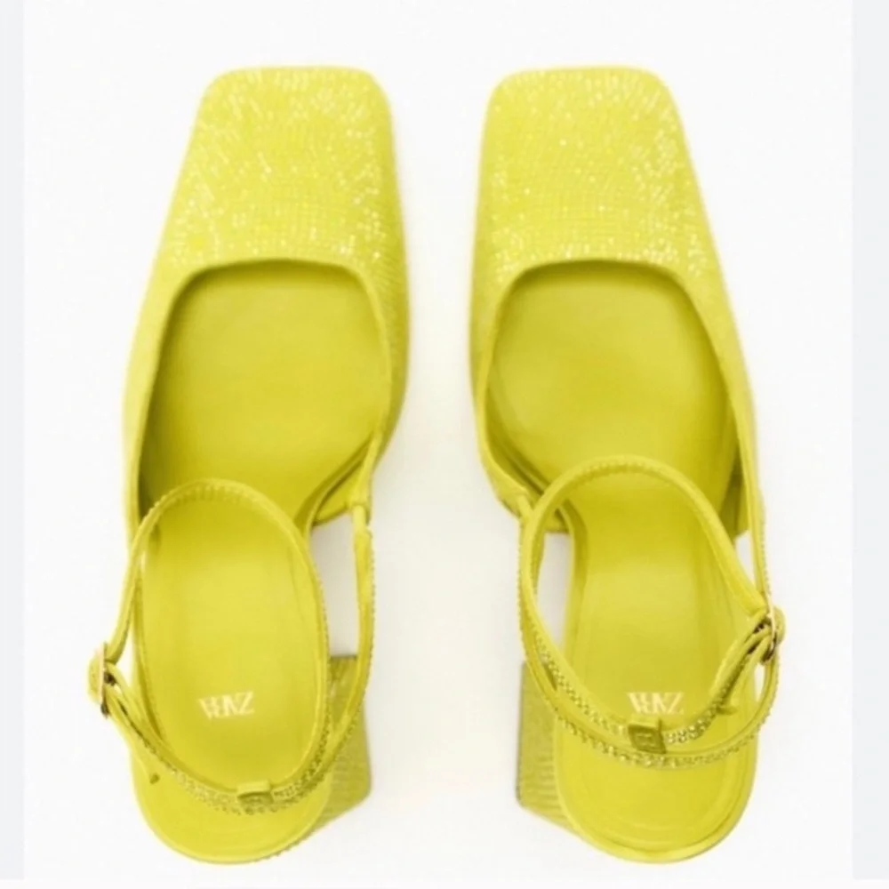 Zara Yellow Rhinestone Block Heel Slingback Pumps - Picture 2 of 7